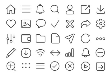 Universal line icon set for user interface design. UI UX elements for web and mobile apps. Editable stroke pictogram collection. Home, menu, settings, user, search vector.