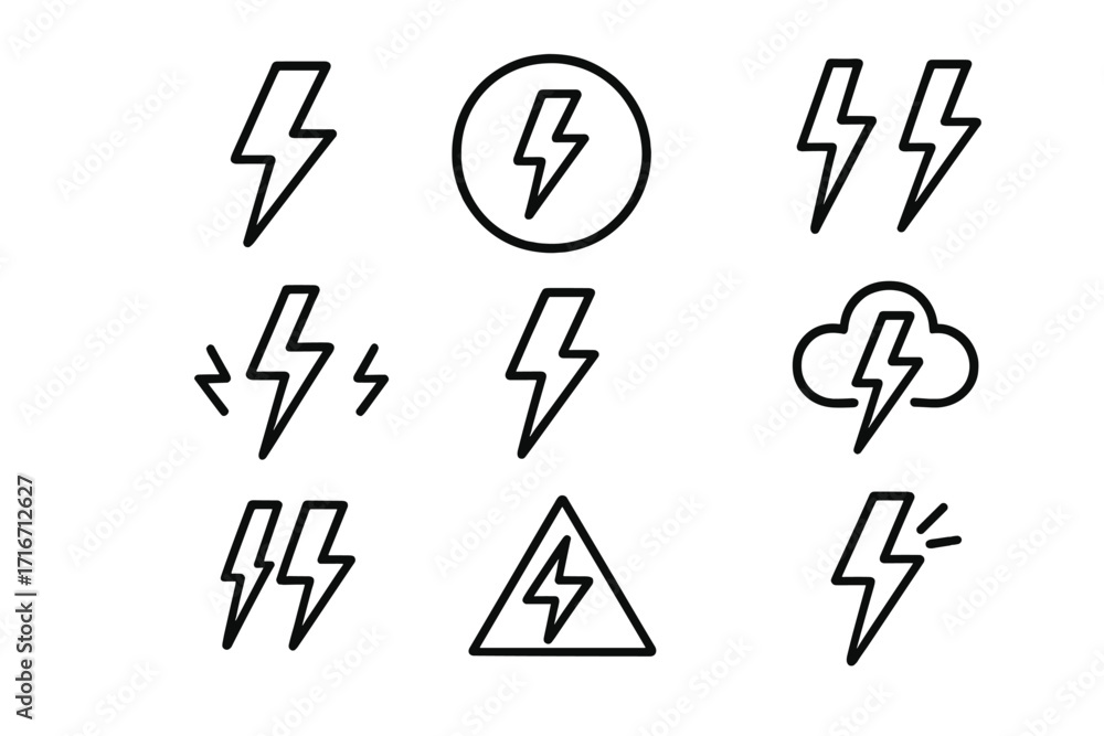 Poster pack of lightning line icons. thunder bolt and flash symbol set. editable stroke. minimalistic linea