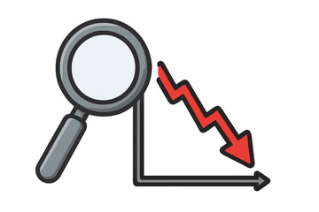 Magnifying glass over falling chart. Financial crisis analysis, economic recession concept. Stock market crash, business failure investigation. Sales decline, loss arrow graph.