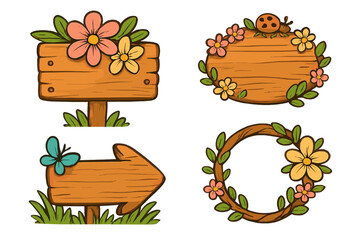 Wooden signboards and arrow symbols with spring flowers and leaves, butterfly and ladybug decorations, cartoon style vector set, nature-themed floral wooden plaques and wreath frames
