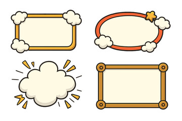 Cartoon style vector text frames and speech bubbles set with clouds, comic pop art elements, blank message boxes, decorative oval and rectangle shapes for design