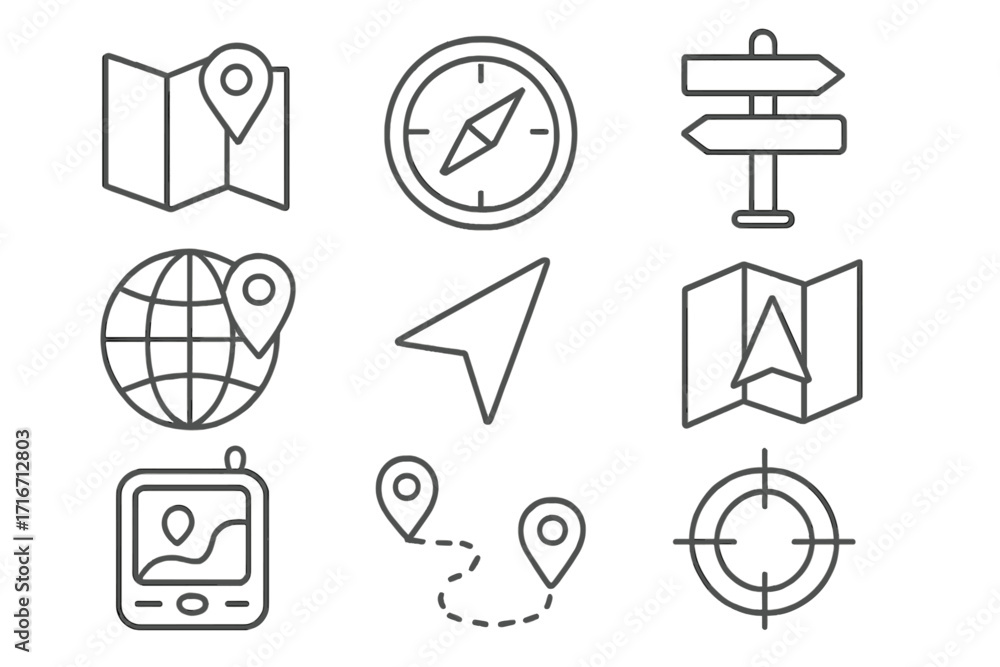 Aufkleber navigation icon set. location and map concept. linear vector icons. gps direction and route finding.