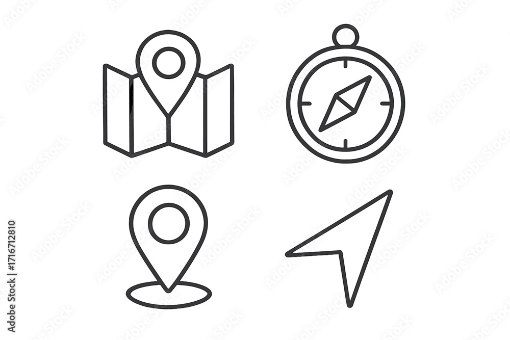 Fototapete navigation icon set linear style. gps location and direction concept. map with pin, compass, and cur
