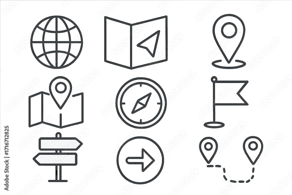 Poster navigation and location icon set in a simple linear style. vector collection of symbols for maps, gp