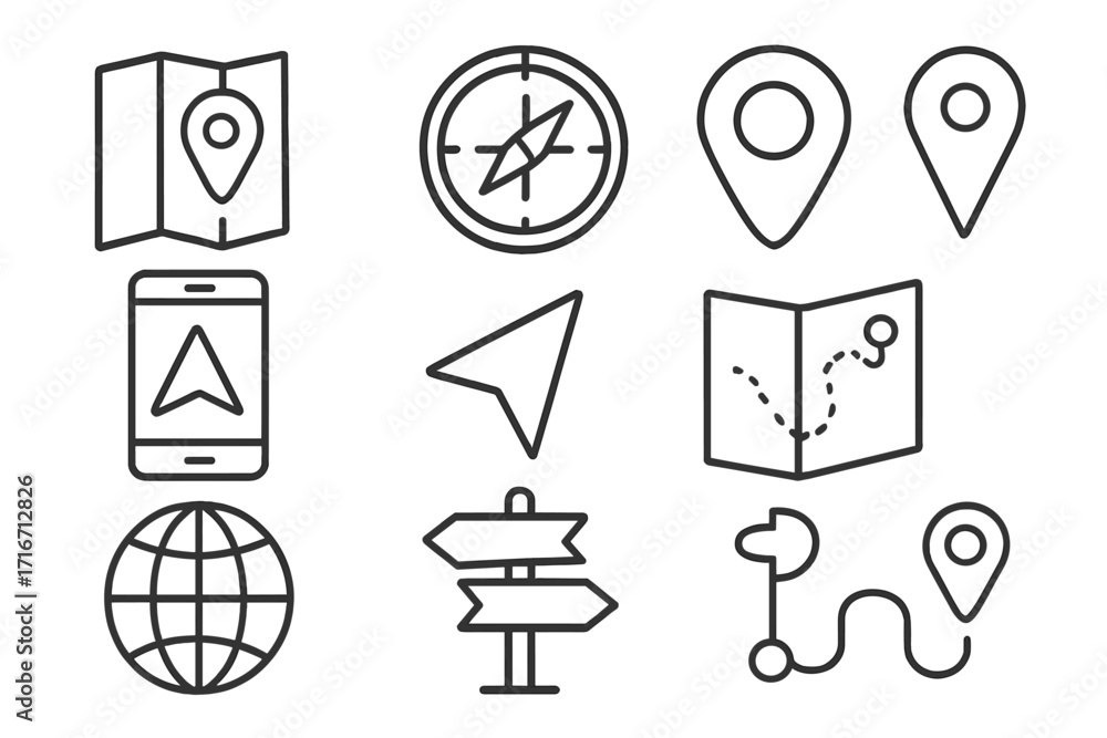 Poster navigation and location linear icon set. gps, map, and travel symbols. vector collection with compas
