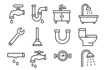 Obraz premium Plumbing and Bathroom Icon Set for UI, Placards, Books, and Apps, Editable Stroke Vector Cartoon Illustration of Faucet, Shower, Toilet, Pipe, Wrench, Plunger, and Water Meter