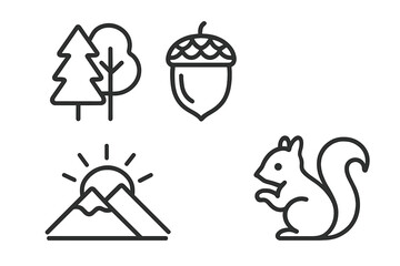 Simple linear nature icons with trees, acorn, mountains, sunrise, squirrel, forest elements, minimalistic vector set, cartoon style, transparent background, outdoor symbols collection