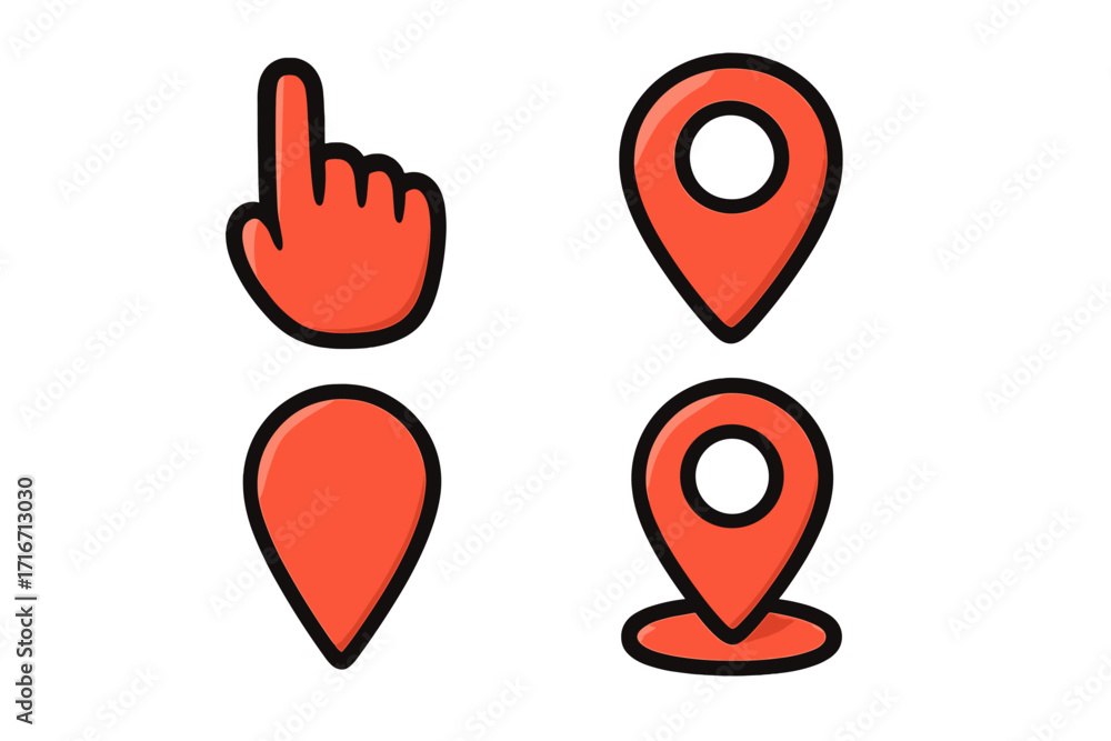 Aufkleber red pointer icon set with hand cursor and location pin markers. gps navigation and destination symbo