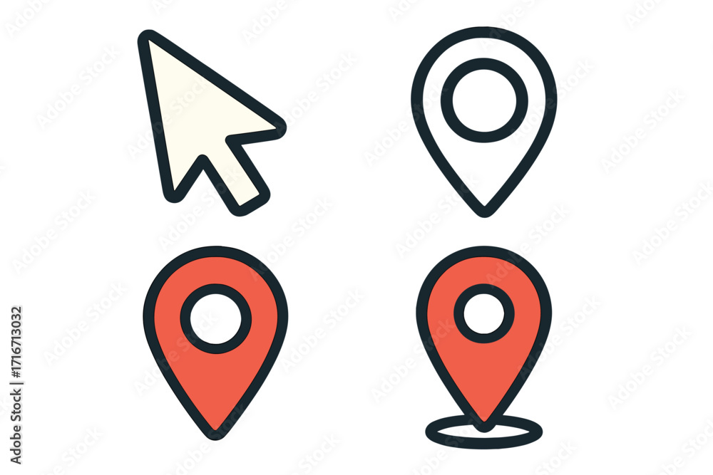 Aufkleber vector pointer and location pin icon set. cartoon cursor arrow and map marker symbols for navigation