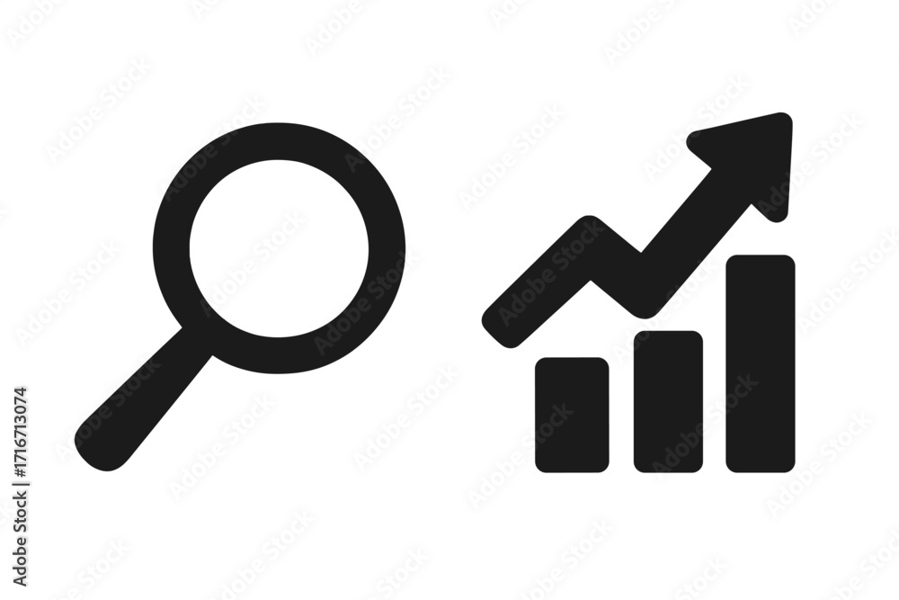 Poster growth analysis icon set. magnifying glass for data research and search symbol. bar chart with arrow