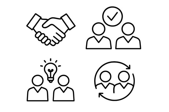 Partnership and collaboration linear icon set. Vector icons for teamwork, agreement, and business deals. Includes handshake, synergy, innovation, and approved team symbols.