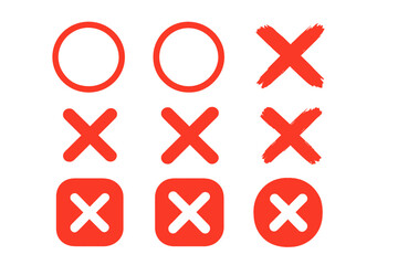 Obraz premium Set of red cross mark X icons. Hand drawn brush stroke, circle, and square shapes. Concept of wrong, no, error, decline. Vector rejection, fail, and stop signs collection.