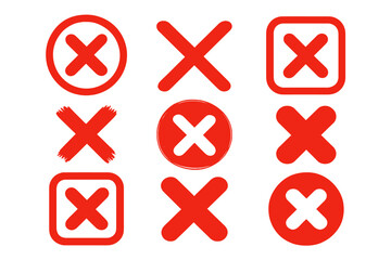 Red cross mark icon set. Collection of X symbols in various styles. Wrong, error, no, decline, and cancel signs. Vector illustration of rejection or failure buttons.