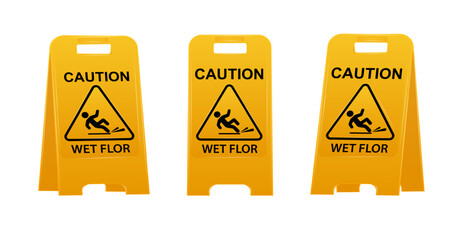 Wet floor caution sign. Public warning yellow symbol clipart. Slippery surface beware plastic board design element. Workplace safety. Vector