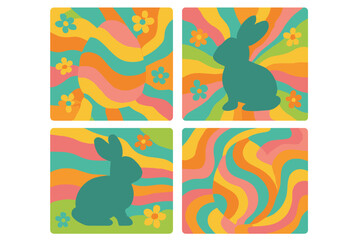 Groovy Easter greeting cards set. Retro 70s psychedelic backgrounds with egg and bunny silhouettes. Simple flat vector illustration. Spring hippie vintage style graphic.