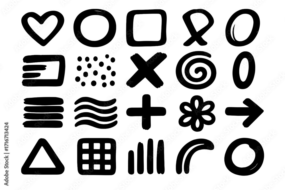 Poster hand drawn abstract shapes collection. doodle sketch elements set. scribble marker brush strokes. ve