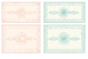 Vector voucher, gift certificate template set with guilloche pattern. Secure background for banknote, money, currency. Official border for award, coupon, diploma, check design.