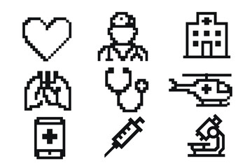 Pixel art medical icons set. 8-bit retro gaming style. Health care symbols. Doctor, hospital, heart, lungs, helicopter, syringe, mobile app, microscope, stethoscope vector.