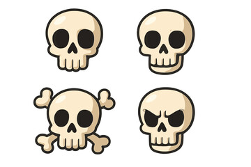 Cartoon skull icon set. Cute and scary Halloween character heads collection. Vector illustration of skeleton, evil face, pirate jolly roger symbol and crossbones sign.