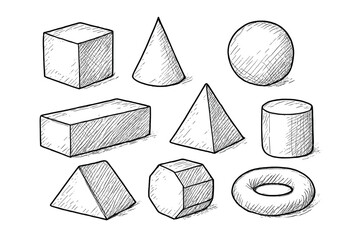 Hand drawn 3d geometric shapes set in sketch style. Vector cartoon illustration of basic geometry solids. Cube, cone, pyramid, sphere, cylinder for math education concept.