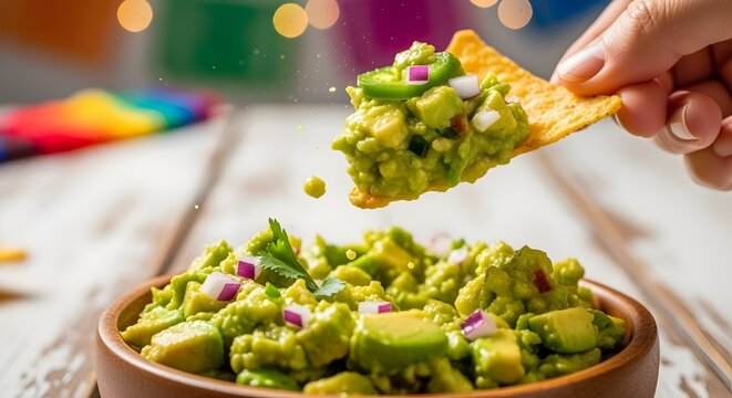 Hand dipping a crunchy tortilla chip into fresh, vibrant guacamole with colorful bokeh background.