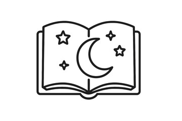 Magical open book with crescent moon and sparkling stars line icon, mystical night sky illustration, fairy tale reading, fantasy story vector graphic, transparent background