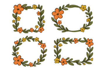 Set of hand-drawn floral frames and wreaths. Botanical doodle borders for invitations. Autumn fall flower collection with retro vintage style. Square circle decorative elements.