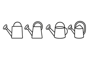 Watering can outline icon set. Minimalist linear design for gardening concepts. Vector illustration of garden tools. Pictogram collection of four watering cans for plants. Isolated.