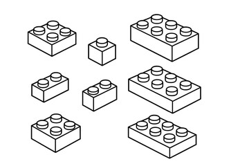 Fototapeta na wymiar Building blocks line art collection. Constructor bricks set for kids game. Toy plastic puzzle details. Interlocking parts for construction. Vector cartoon outline illustration.