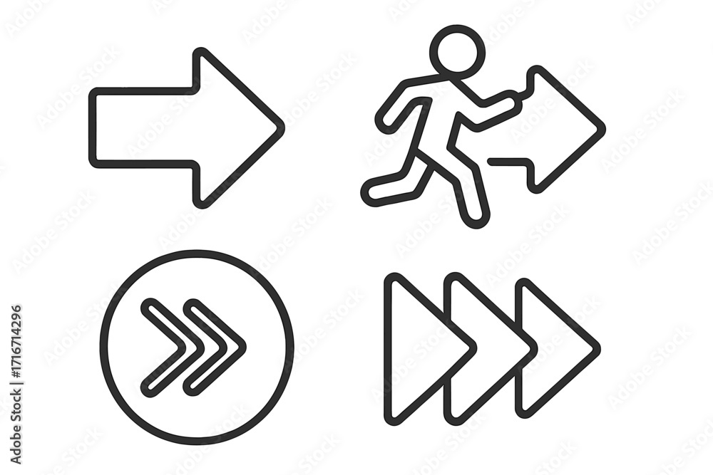 Poster arrow icon set. next button symbol collection. concept of forward, direction, progress, speed. fast 