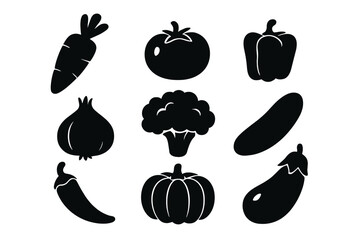 Vegetable icon set vector silhouette collection. Black simple flat glyph pictograms. Healthy organic food for vegan diet. Carrot, tomato, pepper, pumpkin, onion, broccoli.