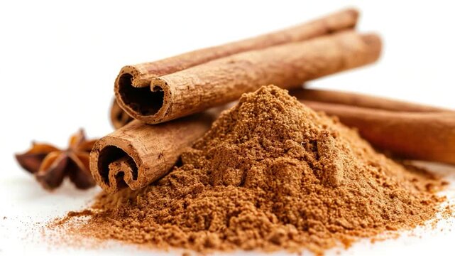 A heap of warm cinnamon powder surrounded by cinnamon sticks, perfect for baking or cooking