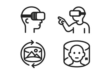 Virtual reality icon set minimalist symbols for immersive interactive technology, VR headset user, 360-degree experience, panoramic view, virtual environment vector cartoon illustration