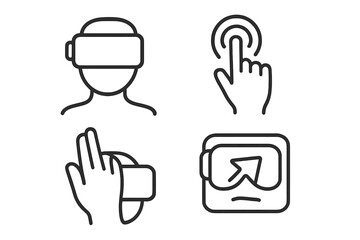 Minimalist virtual reality symbols collection with VR headset and dynamic hand gestures, linear style vector cartoon illustration set with transparent background, technology icons