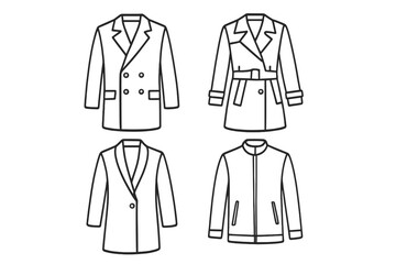 Set of minimalist outline coats. Vector line art icons collection of classic and modern outerwear. Fashion apparel illustrations, including trench coat, pea coat, and bomber jacket.