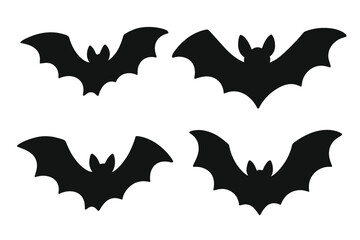 Naklejka premium Set of black bat silhouettes. Halloween spooky scary horror design element. Flying vampire bat icon collection. Gothic nocturnal animal shape. Vector graphic illustration.