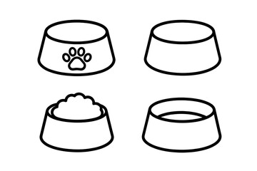 Pet bowls collection. Simple linear icons for dog or cat feeders. Vector cartoon illustration set with full, empty, water, and food bowls with a paw print symbol.