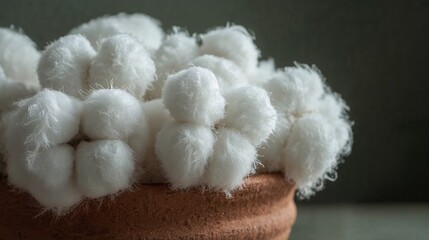 Decorative white cotton flowers in terracotta pot on green background  