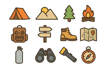 Outdoor adventure icon set featuring minimalist camping, hiking symbols and gear essentials, forest nature, navigation, backpack, fire, mountain, tent, boots, binoculars, map, compass, flashlight
