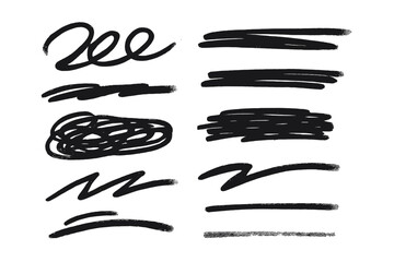 Grunge scribble lines set. Vector graffiti doodle strokes and sprayed squiggle lines. Black ink sketch underline, strikethrough, scribbles, scratches, marker art, texture, abstract elements.