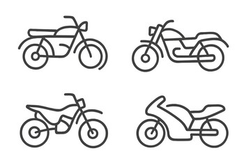 Fototapeta premium Minimalist motorcycle outlines vector set, black and white modern bike silhouettes, cartoon illustration, transparent background, various motorcycle types, linear sketch, collection for design