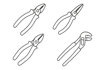 Minimalist black and white vector set of hand tool pliers, cartoon line art illustration. Includes cutting pliers, needle nose pliers, slip joint pliers, and groove joint pliers collection.