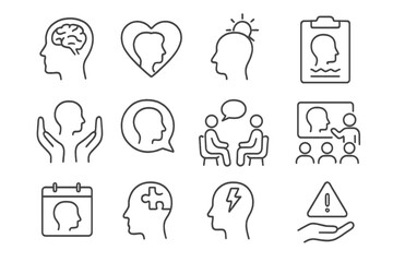 Mental health icon set for psychology, psychotherapy and counseling. Thin line editable stroke icons showing brain, support, awareness, therapy, stress and emotional wellness.