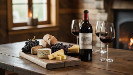 Red Wine, Cheese, and Grapes by a Cozy Fireplace