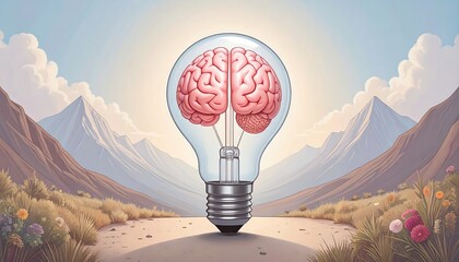 A brain-shaped lightbulb illuminating a scenic path