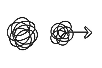 Simplifying complexity, from chaos to order. Tangled scribble becomes a straight arrow. Finding a solution, path, or strategy. Problem solving, therapy process metaphor.