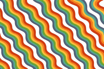 Retro 60s style rainbow seamless pattern with vivid color stripes. Vintage psychedelic wave background. Trendy hippie 70s diagonal stripe print vector illustration.