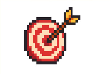 Pixel art target with arrow in the bullseye. 8-bit game icon. Metaphor for success, goal achievement, accuracy, and precision. Vector illustration for business strategy.