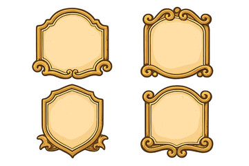 Vintage frame set vector illustration. Golden retro emblem shapes. Ornate decorative plaques and labels. Old baroque shield for logo. Blank cartoon badge collection.