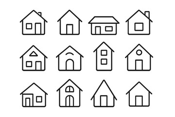 Fototapeta premium Set of Minimalistic Line Icons of Houses, Editable Stroke Linear Pictograms for Home Design, Real Estate Apps, Banners, Posts, and UI Elements, Transparent Vector Illustration